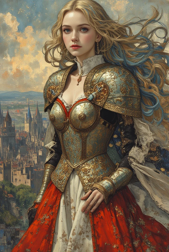 One girl, masterpiece, Highest quality, 8k, Detailed skin texture, Detailed cloth texture, Beautifully detailed face, Intricate details, Super detailed, European girl, Green Eyes, Blonde has curly hair, 3D Characters, Medieval Knight