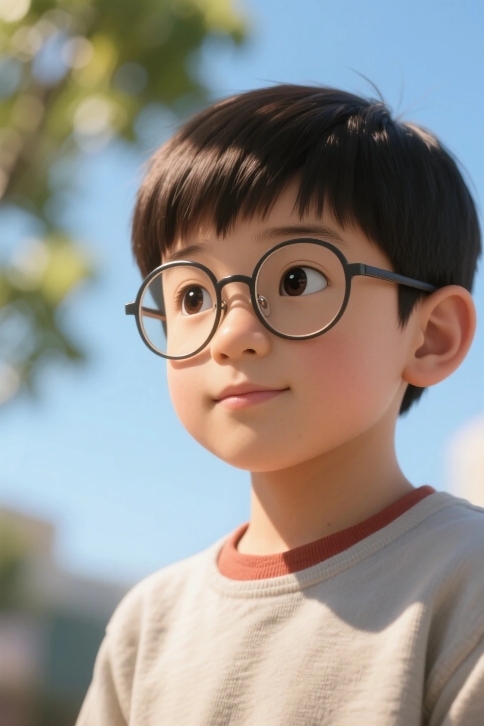 Real life adaption of this character, hand some Japanese kids face , smile,realistic same bowl cut hair, realistic same outfit, realistic same round glasses,same pose, realistic same background, realistic same blue shoes,realistic light, realistic shadow, realism, hyper realistic, (photorealistic 1:2)