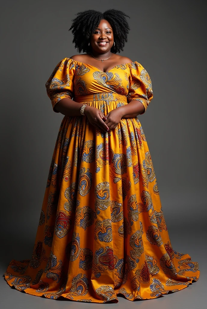 chubby woman, between 39-43 years of age, with Cuban descent, light mixed skin, who wears a yellow turban and a yellow dress, that has skulls and seashells on its feet.