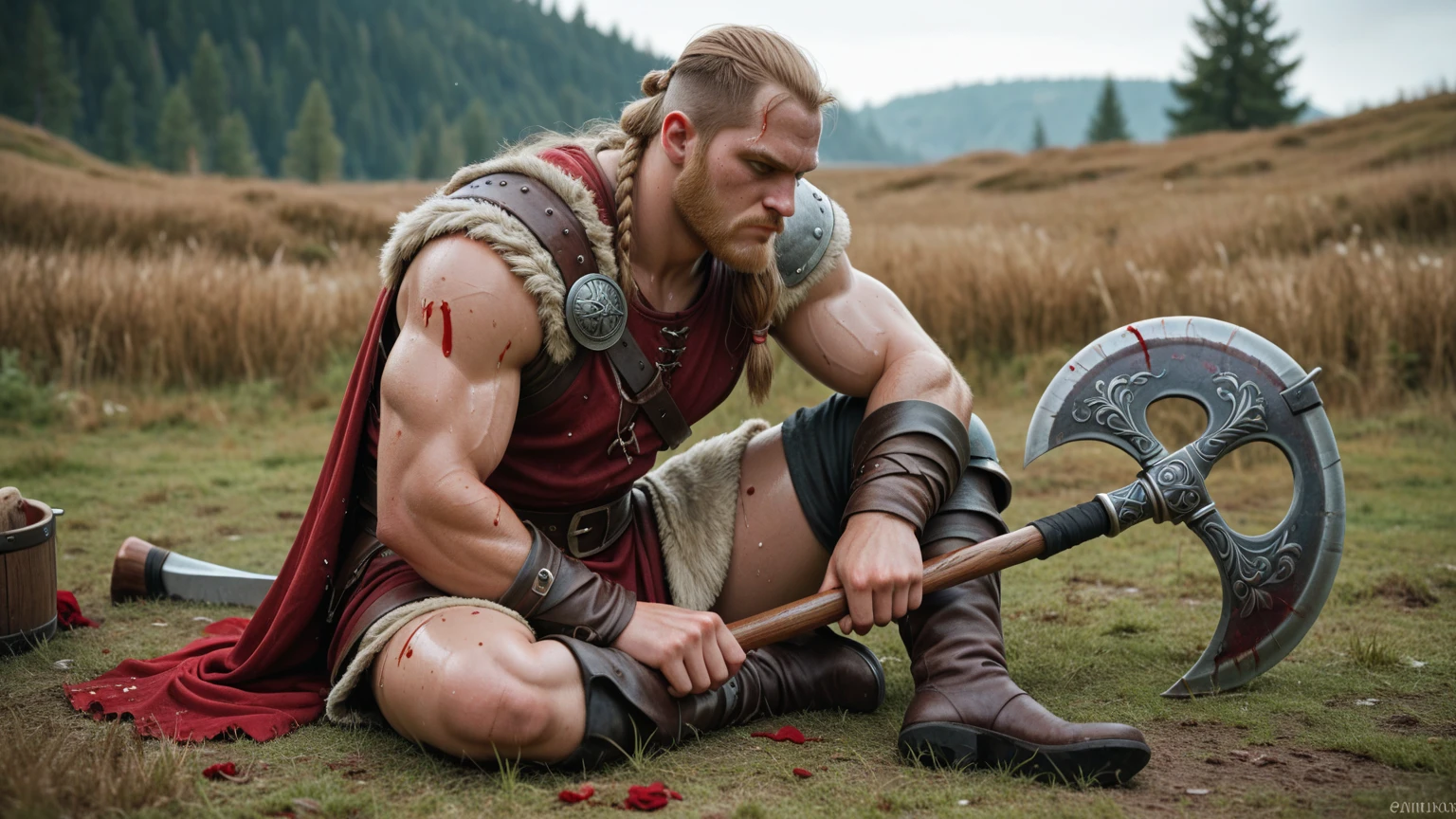 ((realistic, lifelike)), ultra detailed, raw photo, barbarian, a handsome man, tall, muscular, armor, (topless, big hairy pecs:1.2), scars, gray skin, blood, squared jaw, stubble, medium hair, blonde hair, blue eyes, full body, solo focus, holding a great axe