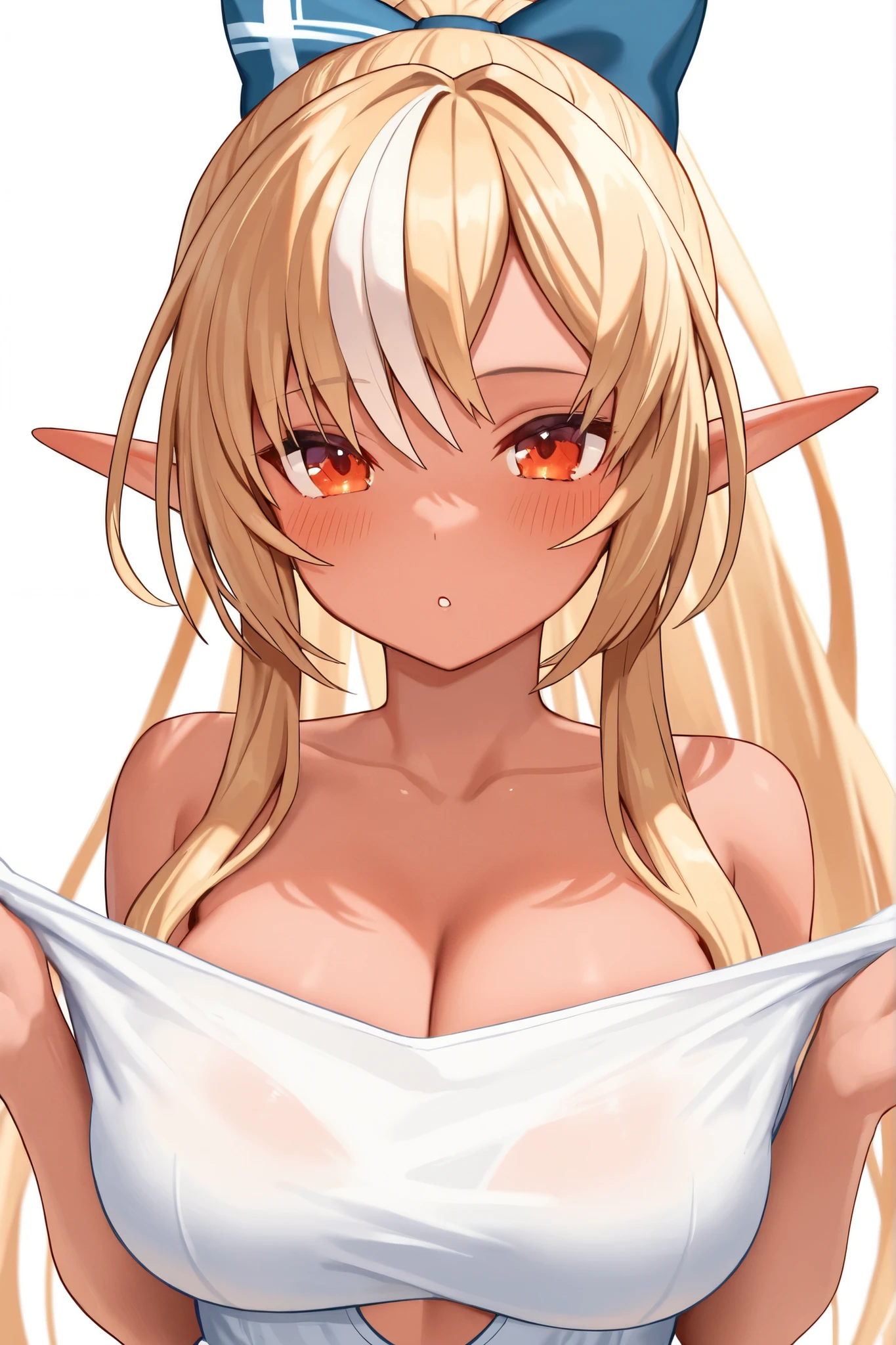 Elf wearing a happi coat、Portrait of a beautiful 16 year old girl , detailedな背景画、Red Eyes, detailedな目、detailedな手脚、Accentuate the cleavage、Festivals, Tan Skin、Bright red lips, (masterpiece) (Highest quality) (detailed) (8K) (High resolution) (Cinema Lighting) (Sharp focus)、Blonde、(Inner Color: Random), ((blush: 0.8)), Natural skin texture, Transparent skin、Delicate, rolled up、Big Breasts、Sheer Croc Top Tank Top, Micro Bikini、A step back angle、
