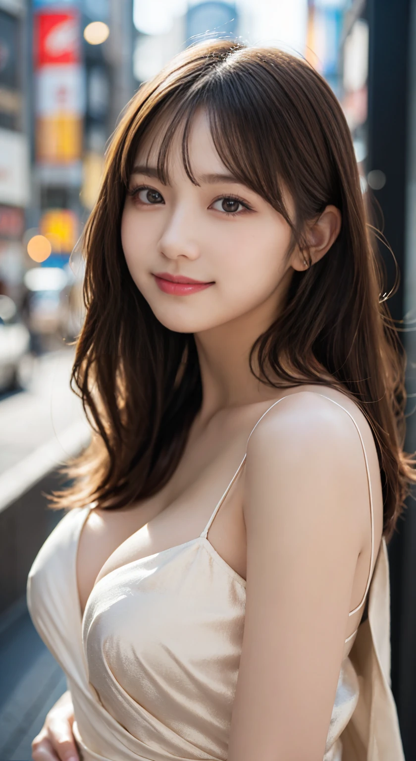 masutepiece, Best Quality, Illustration, Ultra-detailed, finely detail, hight resolution, 8K Wallpaper, Perfect dynamic composition, Beautiful detailed eyes, Women's Fashion🍂,Medium Hair,small tits、Natural Color Lip, Bold sexy poses,Smile,Harajuku、20 years girl、Cute、Sexy shot looking at camera