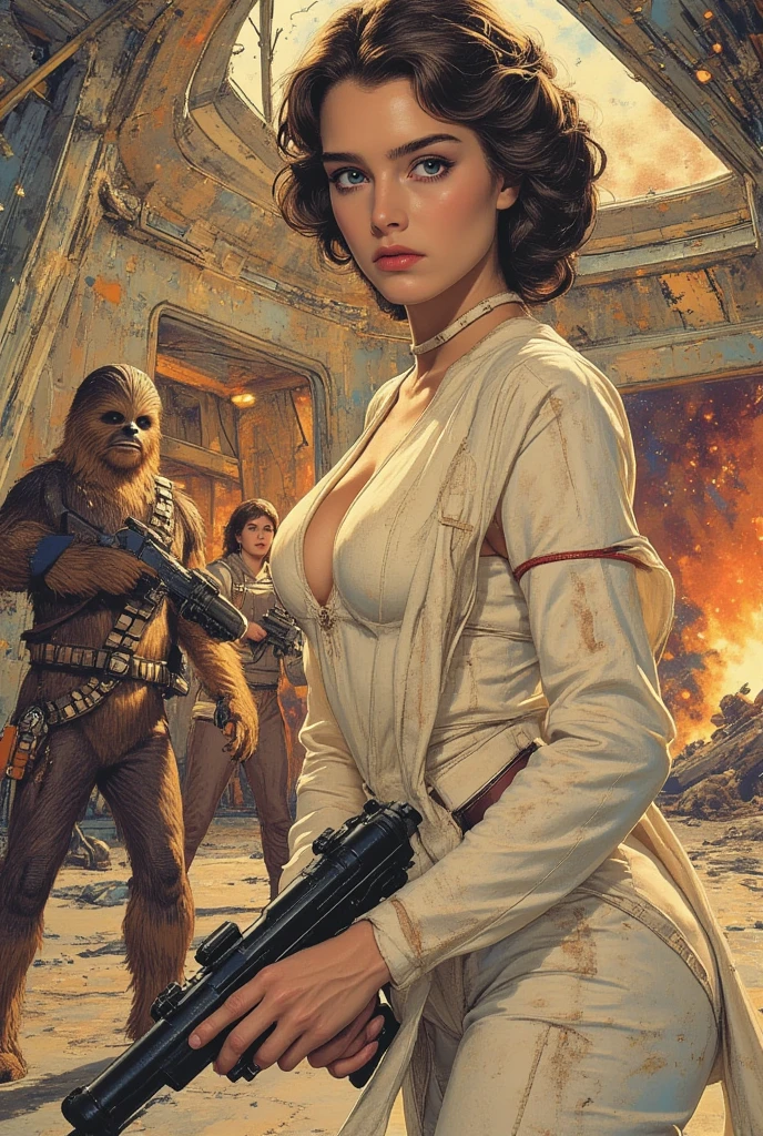 An illustrated movie poster, hand-drawn, full color, a teenage Jedi, 18-years-old, female, wearing a Sleeveless tunic, athletic hourglass figure, busty bosoms, full wide hips, massive round butt, long shapely legs, ridiculously thick powerful thighs, amber eyes, dark hair, curly bob cut, tan complexion, resembles Mary Elizabeth Winstead, standing above Coruscant, graphite shading, stencil marks, airbrushed acrylic paint, masterpiece