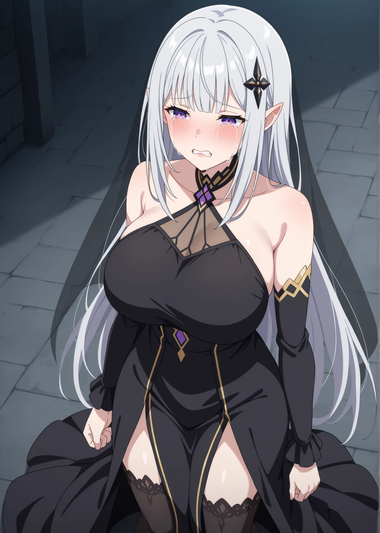 score_7_up, anime screencap, long hair, long dress, Satella, 1girl, Anime, 1girl, adult female, lady, pointy ears, hair ornament, blush, silver hair, lips, purple eyes, sad, crying eyes open, tears, Pain, clenched teeth, outdoors , front view detailed body, ((black thighhighs, sleeveless black dress, standing, long sleeves,brose, opaque veil, halterneck,)) Sit on the floor, huge breast,