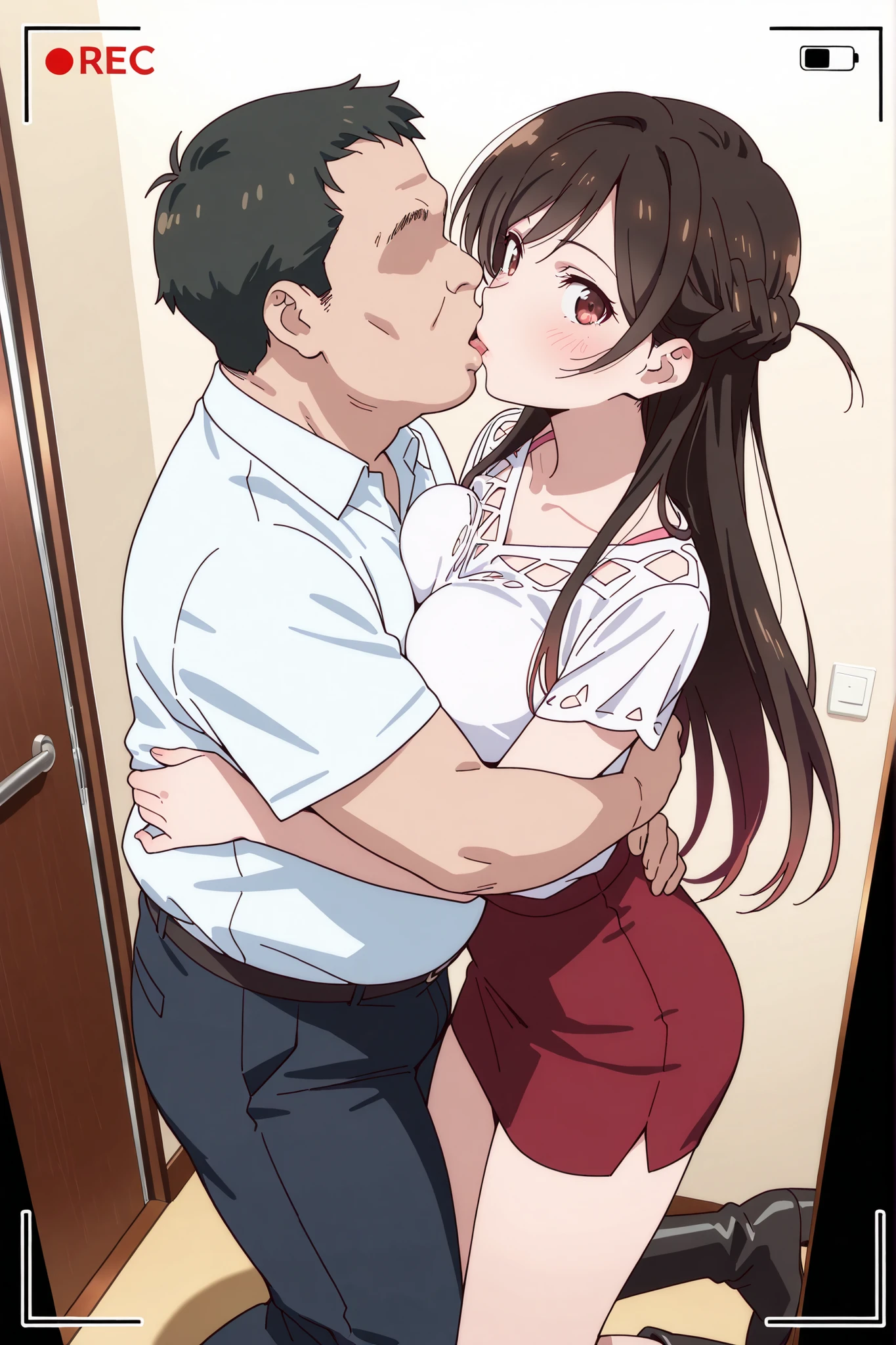 masterpiece, high quality, amazingly elaborate, detailed faces with ofisu, official art, 8k, movie recording frame, From the viewers, Chizuru Mizuhara, loose neck shirt , Miniskirt, boots, Surprised face, 1 person, Faceless Man, Fat Man, , breasts to breasts, face to face, kissing, Room entrance, hotel room, face seen from inside the room,