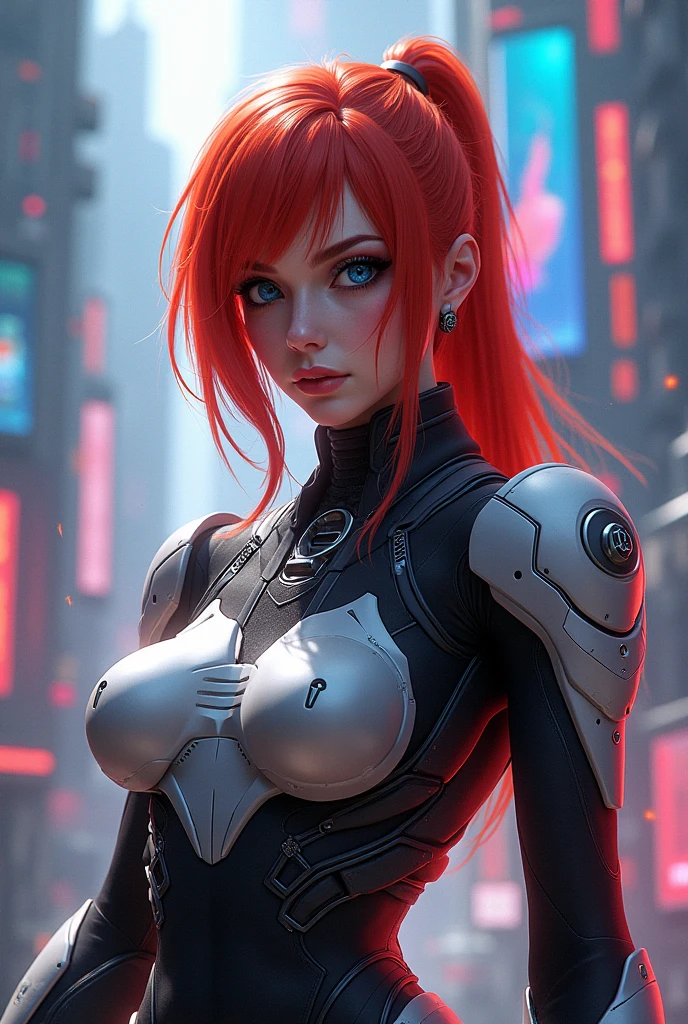 A beautiful woman in soft bodysuit amor skin and wraps over body ,fiery orange hair ,high-tech in a mesmerizing fusion of light gray and burnt orange hues, evoking a futuristic cyberpunk manga aesthetic. Loosely brushed paint strokes and kinetic lines energize the composition, while intricate mechanical designs and neon accents embellish the suit, immersing the viewer in a world of high-tech noir. Up close, her charming, expressive features and captivating gaze draw us in, set against a backdrop of soft, gradient blues and misty purples that evoke a sense of mystery and allure ,medium long shot