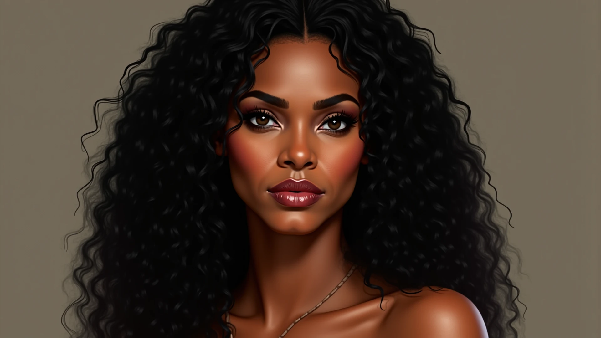 Create a dark woman, long curly black hair, big nose, straight eyebrows, wide nose and small mouth, round face, white t-shirt with no neckline in formal style,