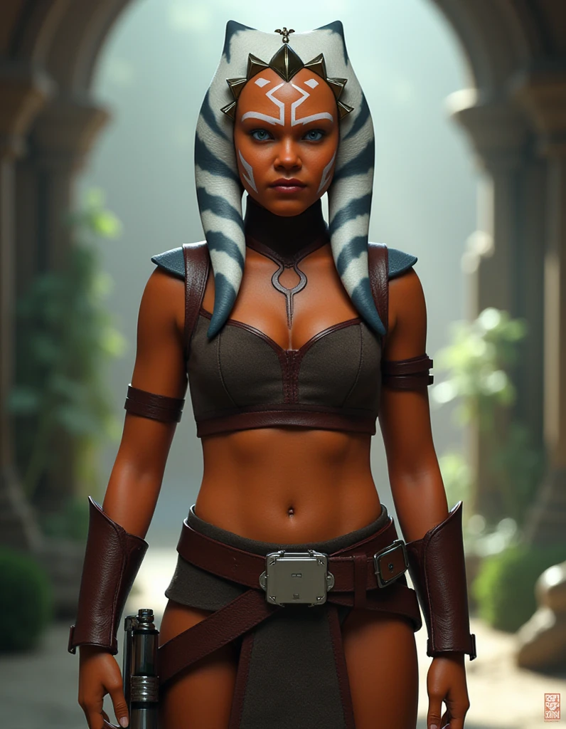 1girl, detailed, masterpiece,HDR, detailed sharp, best quality, solo, looking at viewer, ((StarWAhsoka)), 1girl, ((RED skin)), white facial mark, rosario dawson red skin, orange eyes, facial mark, ((tattoo)), pelvic curtain, armor,