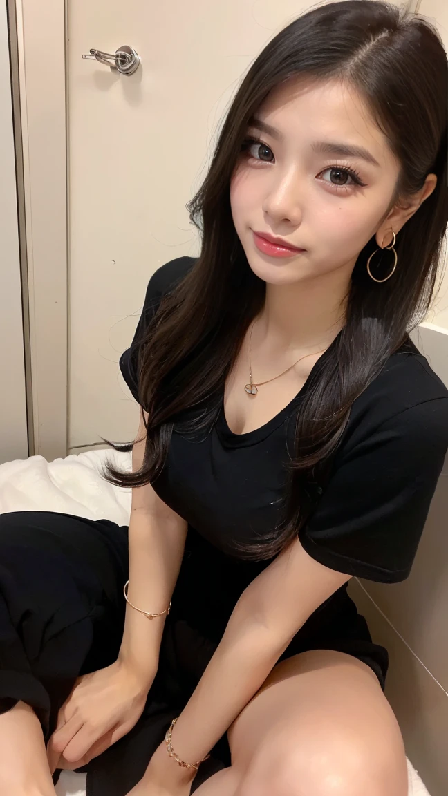 (masterpiece, Highest quality:1.3), smile、(Very detailed:1.2), (hyperRealistic:1.3), (RAW Photos:1.2),(Spread your legs:1.4)、High resolution raw color photos, Professional photos, (PhotoRealistic:1.4), (Realistic:1.4),(Small Nose:1.4)、(glaring:1.4)、Big eyes、Long eyelashes、Professional Lighting, Perfect Anatomy, (Very large breasts:1.2), (Detailed face), (Cute appearance:1.5), (Black long hair:1.5), necklace, bracelet, sexy, erotic sexy, (足を開いたsexyなグラビアポーズ:1.8), (Beautiful woman wearing short sleeve romper: 1.3)、Take a bath、(Multiple ear piercings:1.4)、(Selfie:1.4)