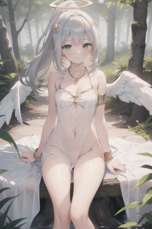 White color hair,saintess,have demon wings,Bigboobs,Lace underwear,Lace lace panties,green leaf,trpical garden,a paradise,