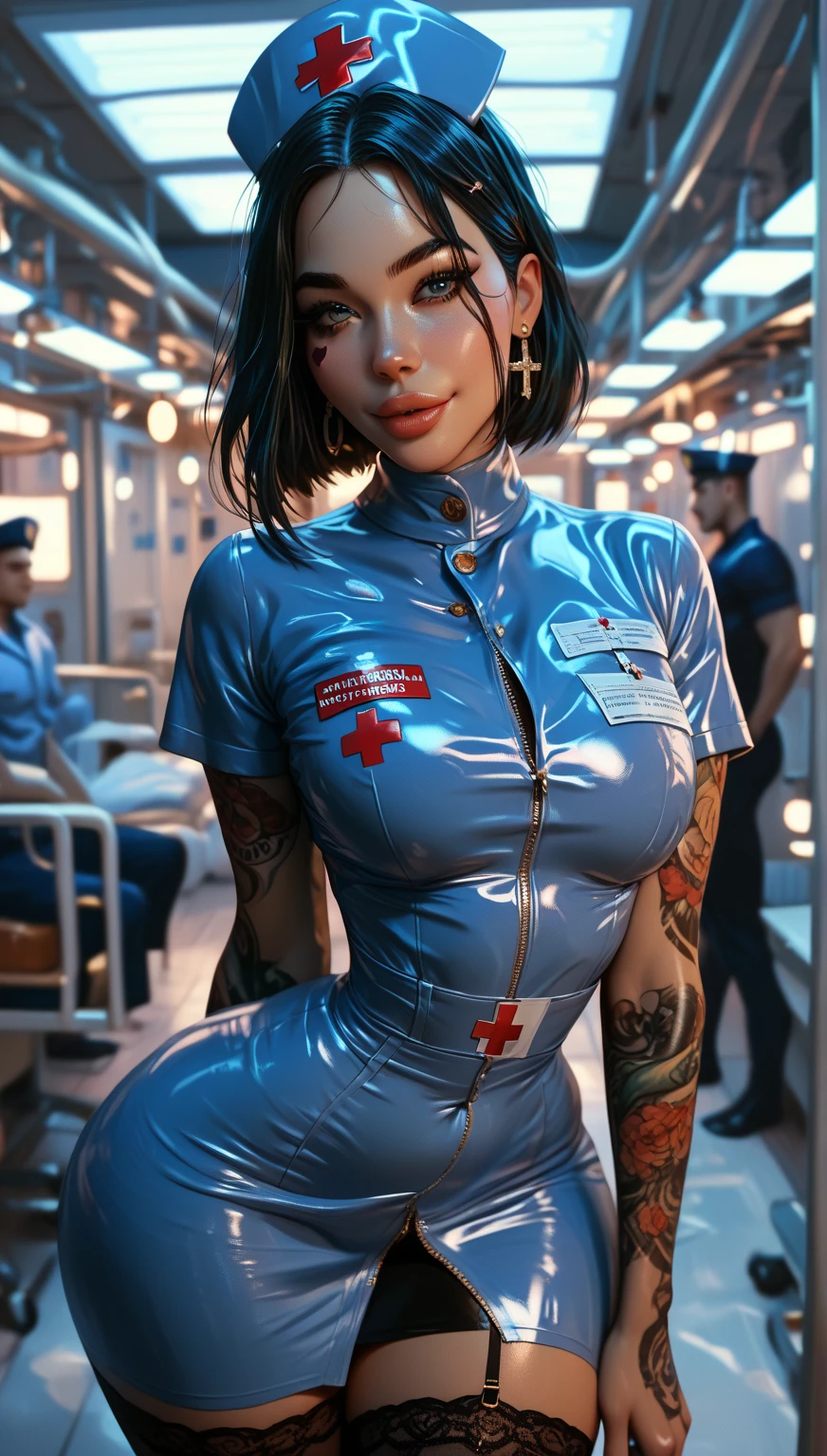 (Masterpiece, Best Quality), 8k Wallpaper, highly detailed, poster, vintage sci-fi film, 1960s, a magazine cover with sexy giant nurse towering over a tiny city, a portrait by Paul Kane, cinematic movie poster, perfect face, colorful hair, Attack of the 50 foot woman, giant woman, tiny city, lines, abstract, mid century modern, movie poster, vintage, white nurse uniform, stiletto high heel shoes, tiny destroyed skyscrapers city, retrofuturism, pulp sci fi, pulp sci-fi, 60's pulp illustration, scifi pulp, pulp book cover art, pulp scifi, old retro pulp comic cover, pulp science fiction, pulp scifi illustration, vintage scifi, skyscrapers sized under her knee