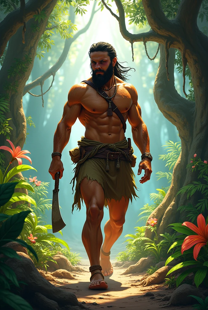  Create real PNG man wearing a army green jean holding a stone axe, standing in the middle of the tropical rainforest has a tattoo on his chest name LAPUN, has a smoldering looks, has a PNG long dirty hair,  has a PNG skin colour in eastern highlands province 