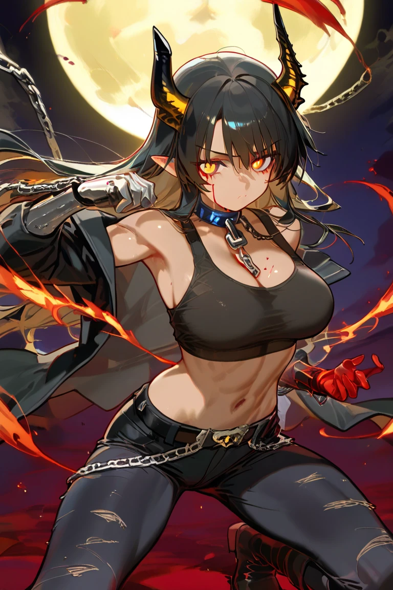 Gnoll woman, woman, Abs, yellow eyes, black fur, spike collar, Gnoll woman, big , big tighs, smile, 4k, hd, pretty face, messy hair, menacing, acurrate eyes, sharp pupils, big smile, wild, scary look, holding an axe, Axe,  with hair with Rastafarian braid, (human head)