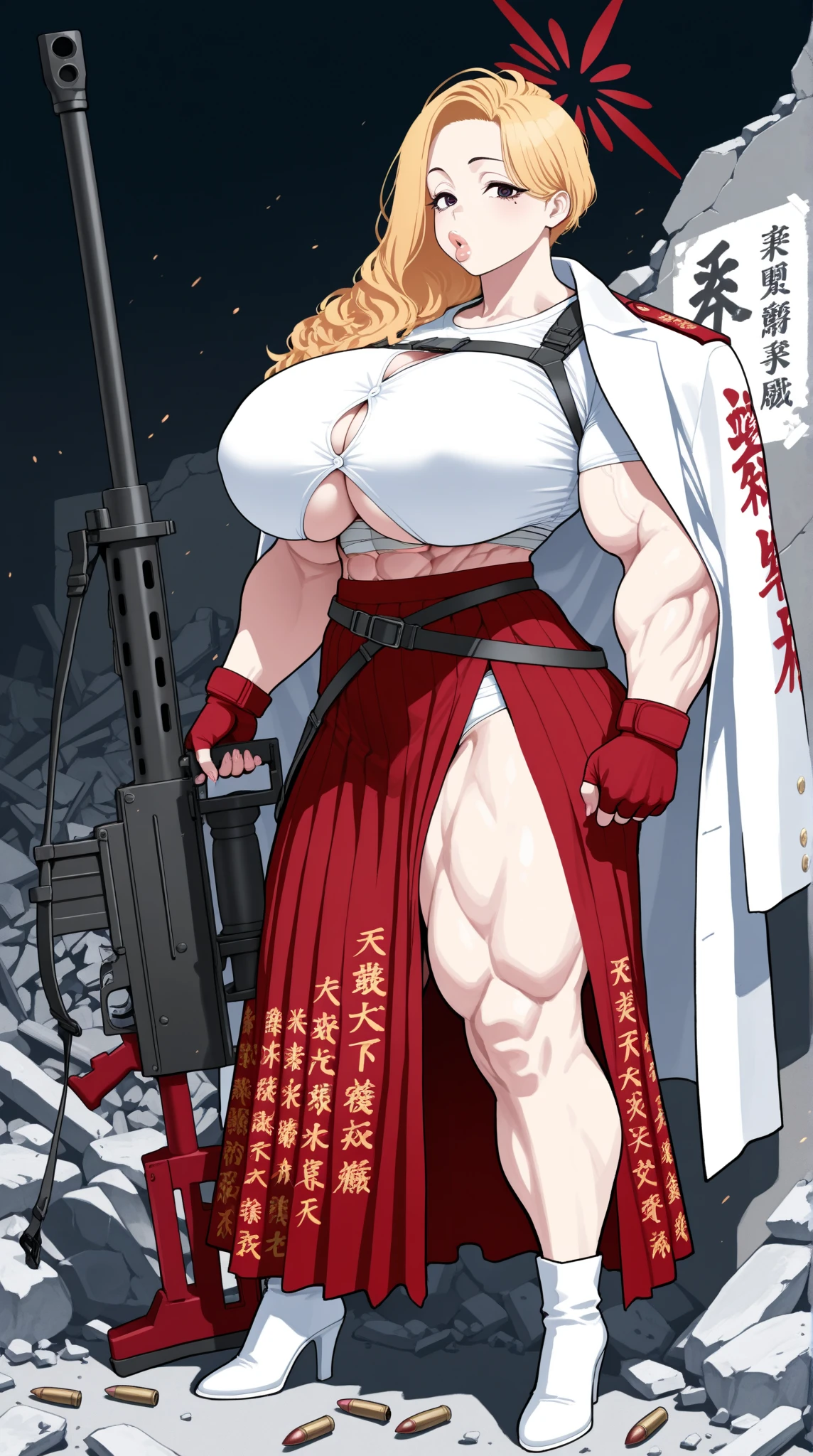 helga, dark-skinned female, short hair, silver hair, huge breasts, muscular female, thick thighs, thick arms, tomboy, holding axe, reflection light, blending, bloom, god rays, ray tracing, Fujicolor, drop shadow, Gothic art, anime, Ghibli-like colours, anime style, UHD, retina, masterpiece, ccurate, anatomically correct, textured skin, super detail, high details, high quality, award winning, best quality, highres, 1080P, HD, 4K, 8k, 16k,standing, warrior pose, axe holding,refsheet, charactersheet, red bikini, short pants, happy, smile, blush