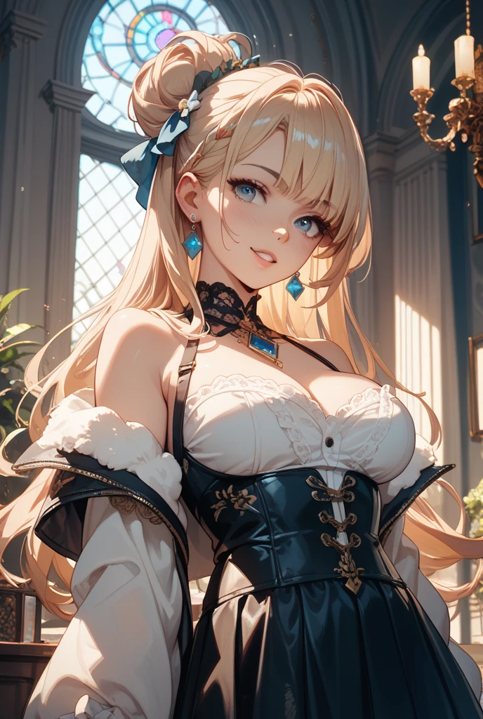 Highest Quality, masterpiece, beautifully detailed eyes, (dark skin), short Blonde Hair, Gradient Hair, pink highlights in hair, large breasts, standing, makeup, glossy lips, full lips, (natural lighting), (blue sky), sleeveless idol dress, tiered skirt, layered skirt, very puffy skirt, thigh highs, boots, light smile, hair ornament
