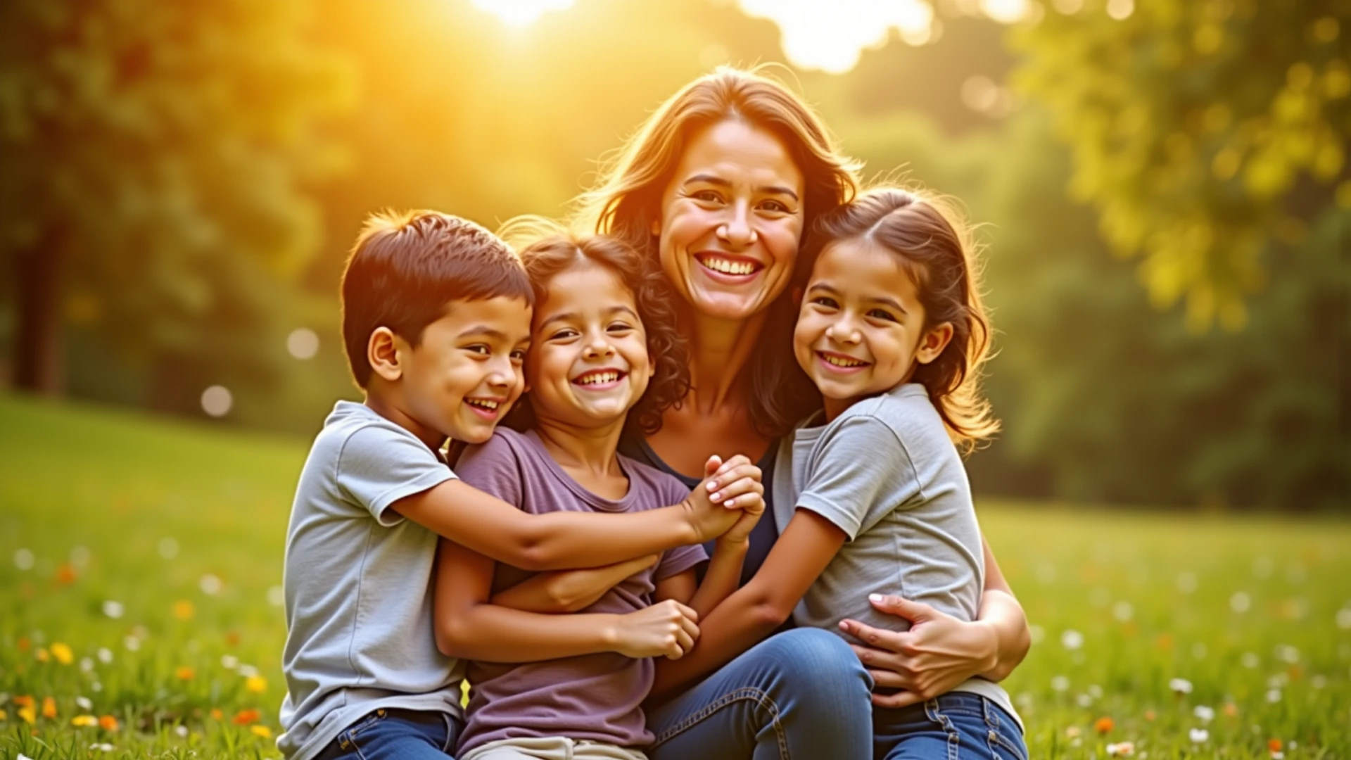 A Brazilian woman, 30 years old white, Bblack hair, sitting on a grass, wearing a pink t-shirt and shots, with two daughters, showing extroverted personality.