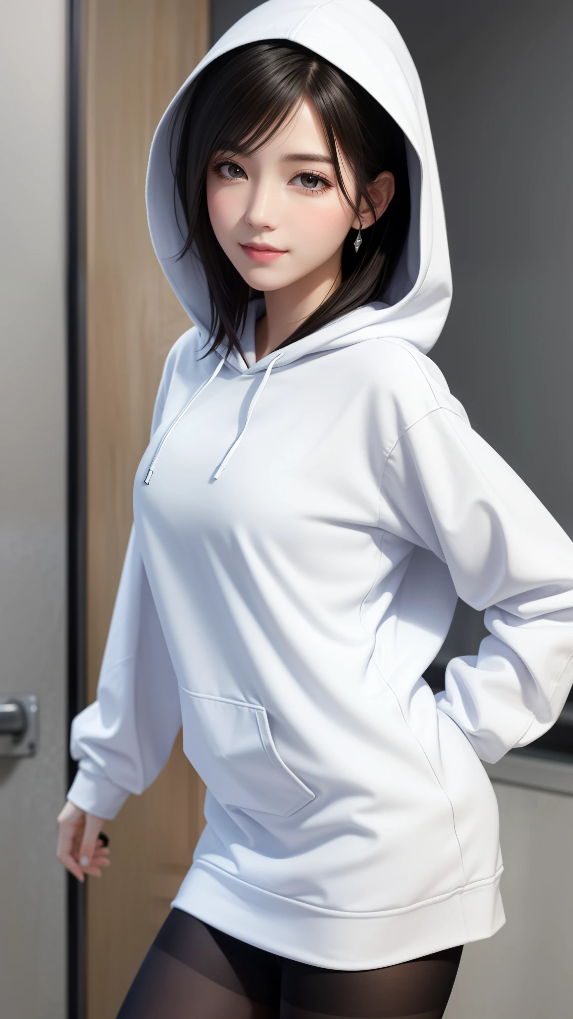 (top quality, masutepiece: 1.1), (Realistic: 1.3), BREAK (((FF7,Tifa_lockhart))),(solo,Tifa:1.2),(oversized large white hooded hoodie:1.3,long sleeve:1.2,shirt dress:1.3) ,(japan,sibuya,city, outdoor,behind wall,sunset),(erotic pose:1.1,nogizaka idol),Ultra-detailed face, Detailed eyes,Red eyes, BREAK (((FF7,Tifa_lockhart))),(black brown hair, Large breasts: 1.0), BREAK (no bra),(no panties),About 18 years old,kawaii,shy:1.1,meeting up for a date,waiting,cowboy shot,