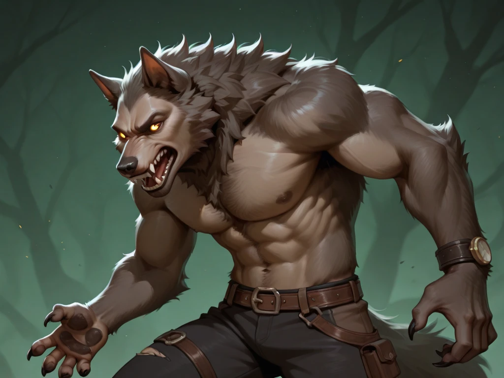Werewolf macho, comic style, illustration, Alone, ABS, Pecs, concentrated expression, male body, masterpiece, Best Art, Whole body, digitigrade, by ouna, by taran violinist, ripped jeans, broken shirt, Detailed hands, high, detailed eyes, big tail, detailed torso, forest, expression of pain, transformation, looking at the hands, squat pose , legs open, red eyes