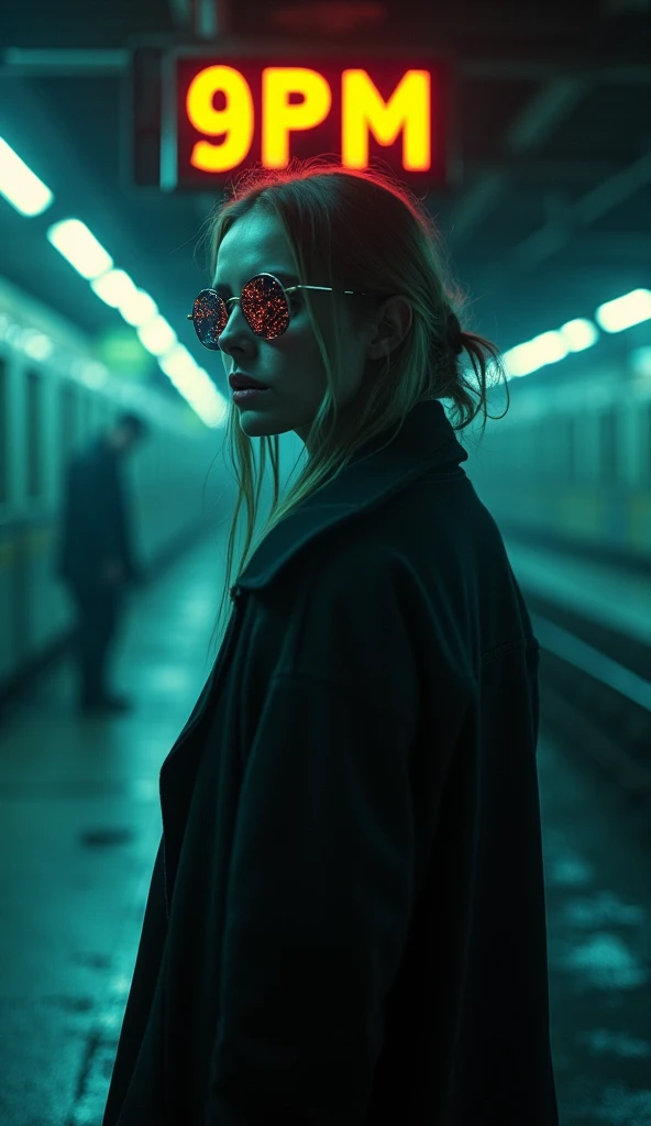 woman standing in a subway in a neon lights in a subway car, neon and cinematic lighting, cinematic neon lighting, cinematic and dramatic neon light, high neon lights, red lights, neon lights, by Emma Andijewska, neon lighting, atmospheric neon lighting, neon lighting on their faces, style of suspiria and neon demon, neon light, long exposure