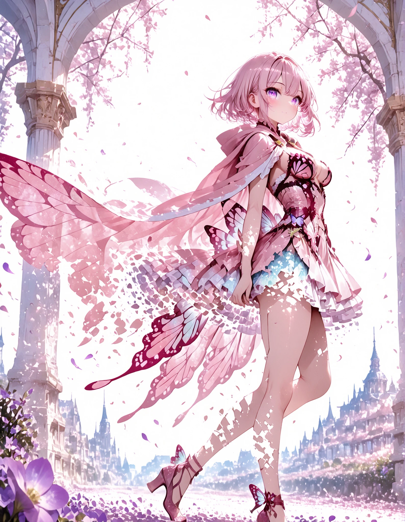 1 girl, violet eyes, light pink hair, short hair, cool, beautiful, medium breast, very cute, lovely, kawaii,
Wearing a very long cape, Cape with long sash, cape pink and red, cape blows backwards and dissolves into petals, focus on the cape, side view, running movement, high heels , butterfly dress, The cape dissolves and becomes petals, sharp focus, looking at viewer, (intricate:1.2),
anime coloring, high contrast, (masterpiece:1.2), (best quality:1.2), (very aesthetic:1.2), (absurdres:1.2), (detailed background), newest, ai-generated, (intricate details:1.2),