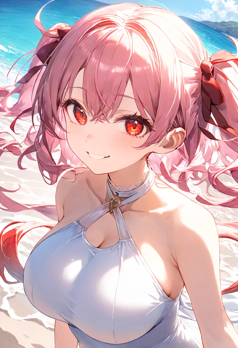absurdres, highres, ultra detailed, HDR, master piece, best quality, extremely detailed, Haruno Sakura, pink hair, expressive green eyes, Naruto Shippuden, solo, woman, beautiful, smile, red bikini, island, sea, beach