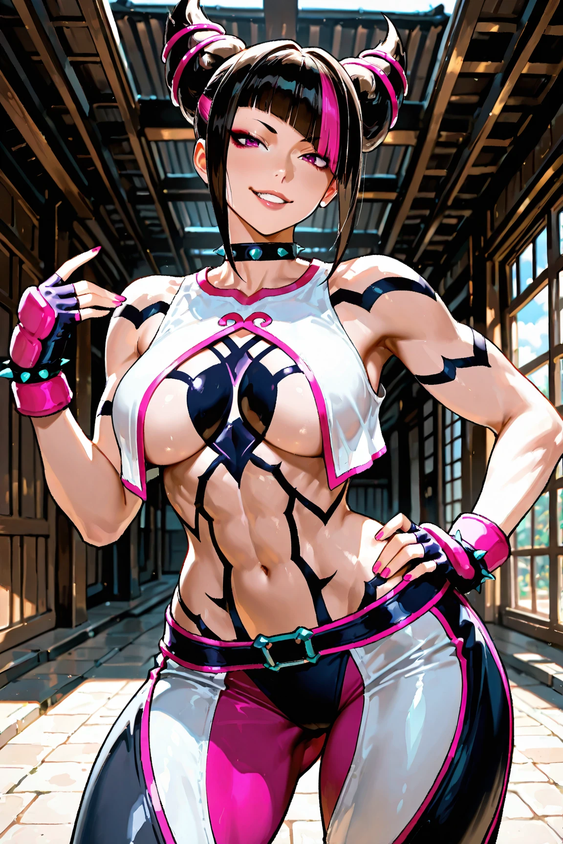 masterpiece, best quality, highres, foujuri, baggy pants, black pants, panties, <lora:han_juri_v1:0.8>, standing, cowboy shot, evil grin, outdoors