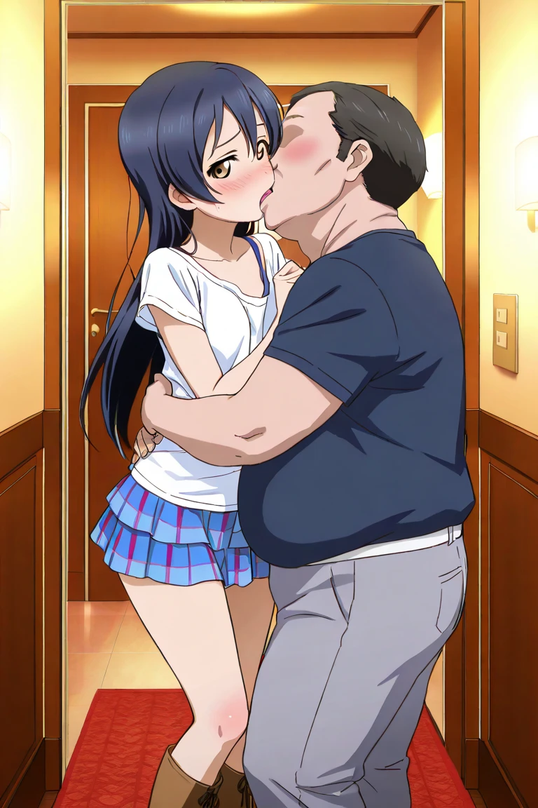 hetero,1girl,1boy, penis,nsfw,flat chest,,loli,6yearsold,teacher, height difference, full body, fellatio, standing, looking at another, indoors, randoseru,White dress, Back pack, from side, looking away, twintails, collarbone,arms up, arms grab,