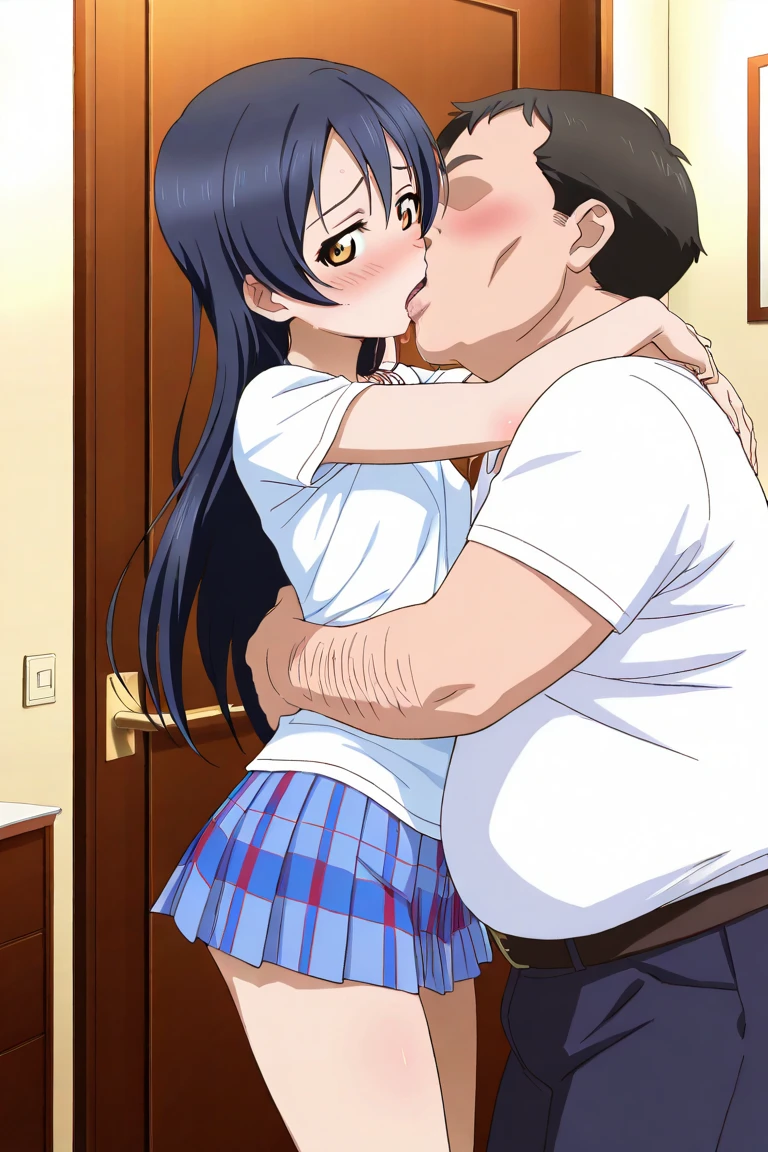 score_7_up, source_anime, anime screencap, best quality, 1girl, black hair, ponytail, large breasts, nude, squatting, spread legs, school, closed eyes, blush, 1boy, standing, middle aged male, faceless male, male face out of frame, big penis, big testicle, from side licking penis, nsfw, thin pubic hair