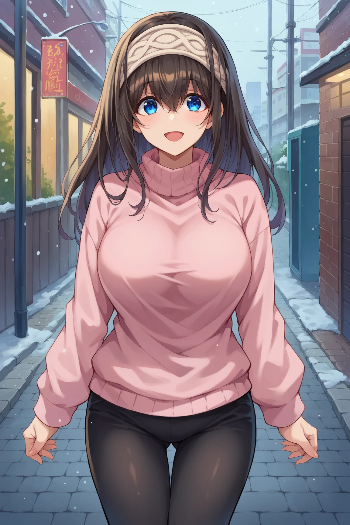 (masterpiece:1.37), best quality, (extremely detailed:1.37), (1girl:1.5), woman, (mature:1.5), (adult:1.5), large breasts, very long hair, (straight hair:1.5), (very dark purple hair:1.5), purple eyes, (extremely detailed eyes:1.37), sweater, scarf, jeans, desperation, (wetting self:1.5), standing, embarrassed, humiliation, blushing, gas station, snowing, street, golden hour, full body