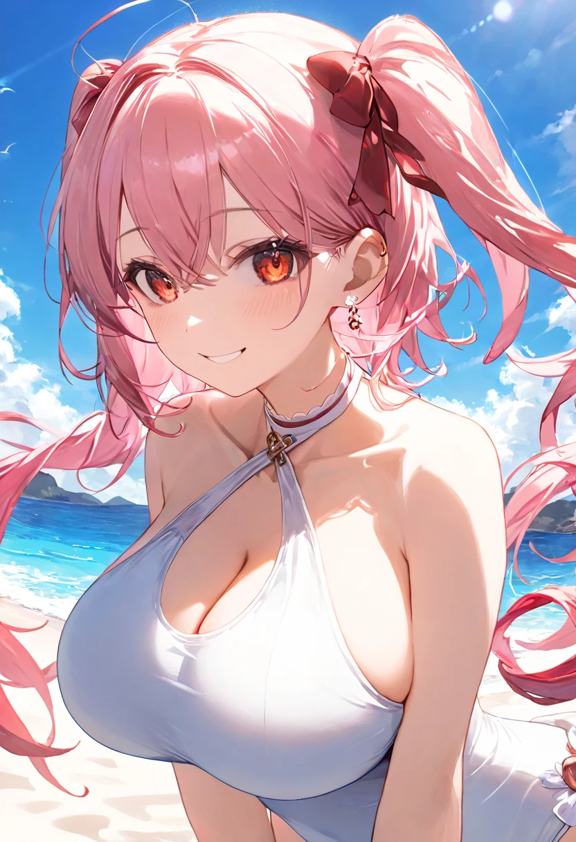upperbody closeup,sportrait,little breast,Fashionab,Handsome,beijing, woman,cleavage,A pink-haired,Off-the-shoulder attire,white straitjacket,ponds,Lunette de soleil