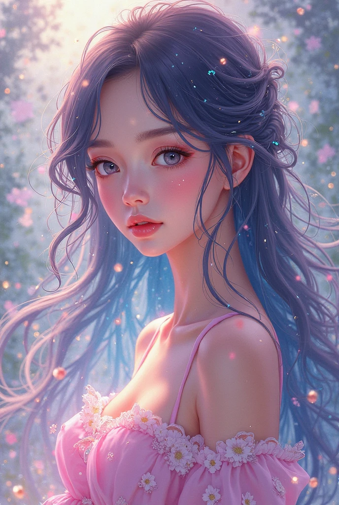 Blue haired with brown eyes, Peach eye shadow, Red lipstick, Light pink eyebrows, Pale skin and blue flowers on cheeks. SPARKLE; GLITTER