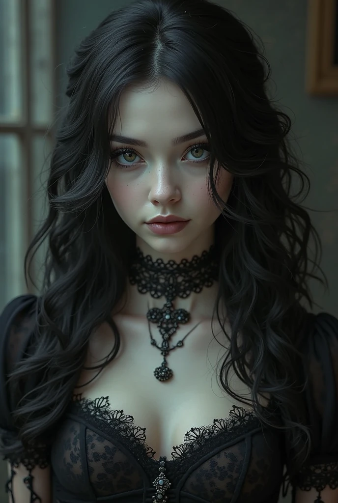 Gothic girl, cute, in the style of Gothic fashion, expressive facial expressions, shot on a Sony a7III