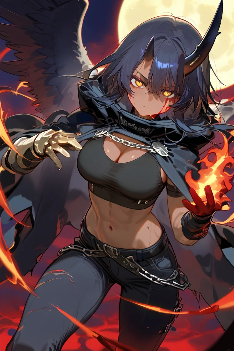 A female monster is engulfed in flames on a dark road at night, gritting her teeth in pain as her clothes burn