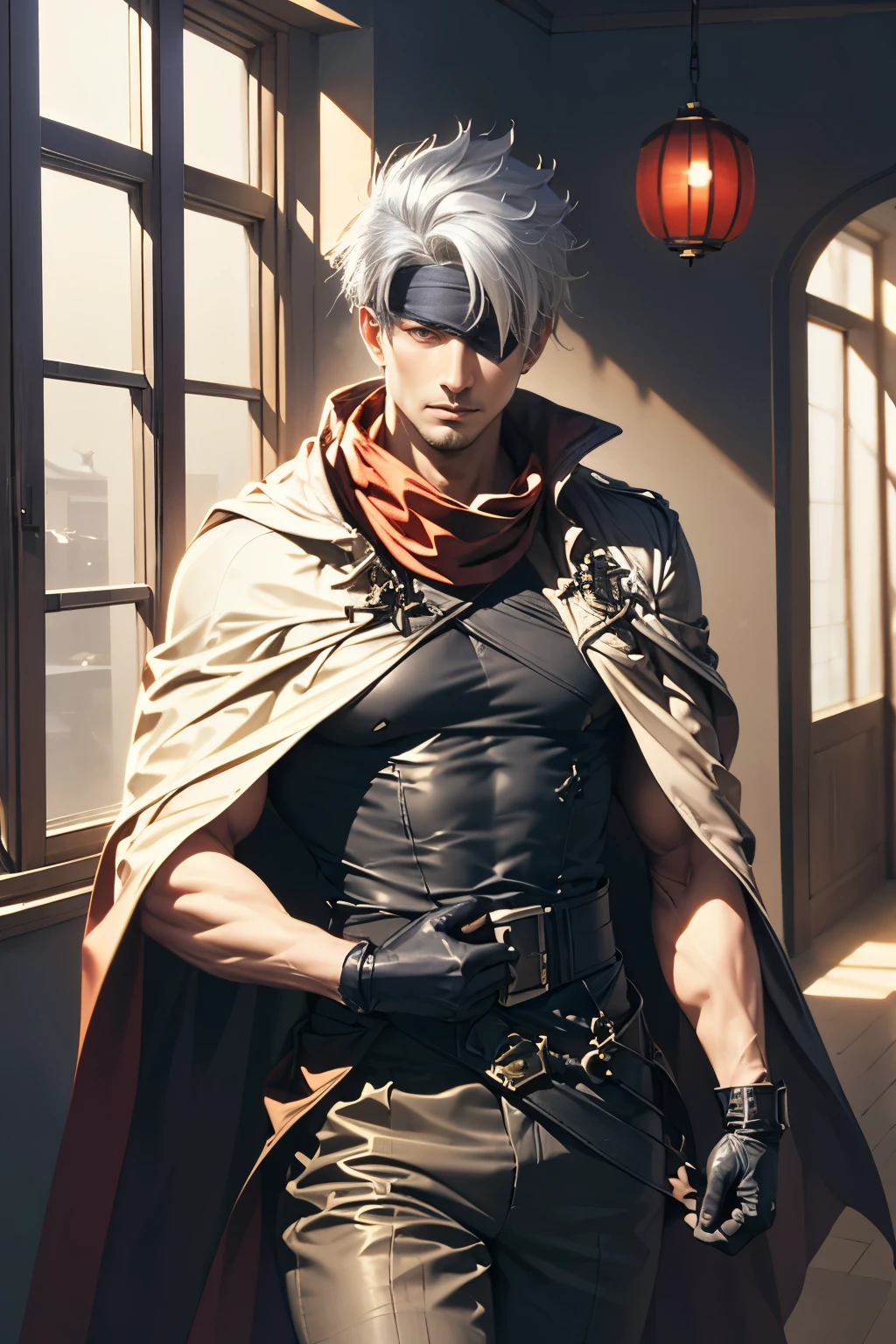 Japanese male model, Portrait, adult, handsome, perfect face detail, detailed eyes and face, clean shaved, sixpack realistic, white eyebrow hair, white eyelashes, dynamic lighting, unreal engine 5, hd picture, satoru gojo, white hair, short hair ,hair between eyes ,blue eyes, white skin, Pirate clothes, close eyes
