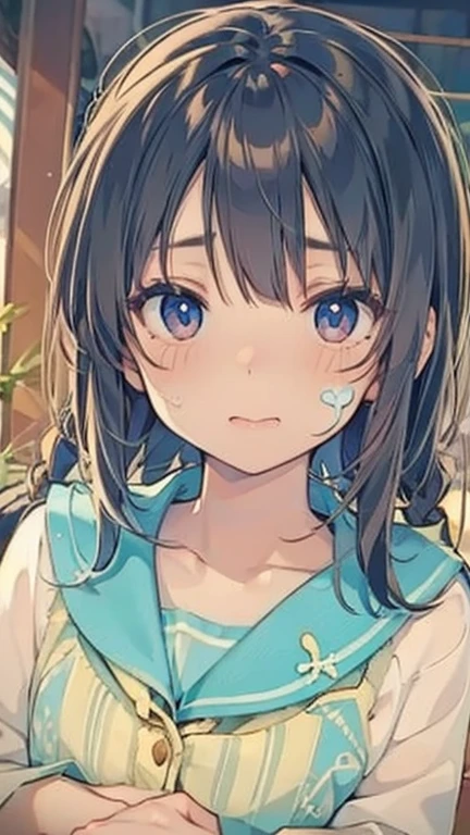 (Best Quality, 8K, 32K, masutepiece, nffsw:1.2), (Raw photo), (Realistic), (Photorealistic:1.2), (High resolution), Ultra-detailed, Extremely beautiful face、The eye, 1girl in, (Lori, 14 years old:1.2), Young Woman, round small face, thin waist, huge-breasted, slim proportions, (japanese sailor suits, sailor fuku, serafuku, Japanese school sailor uniform, darkblue pleated skirt:1.27), (From below, White thong, Crotch:1.24), Rooftop of the city of dawn,
