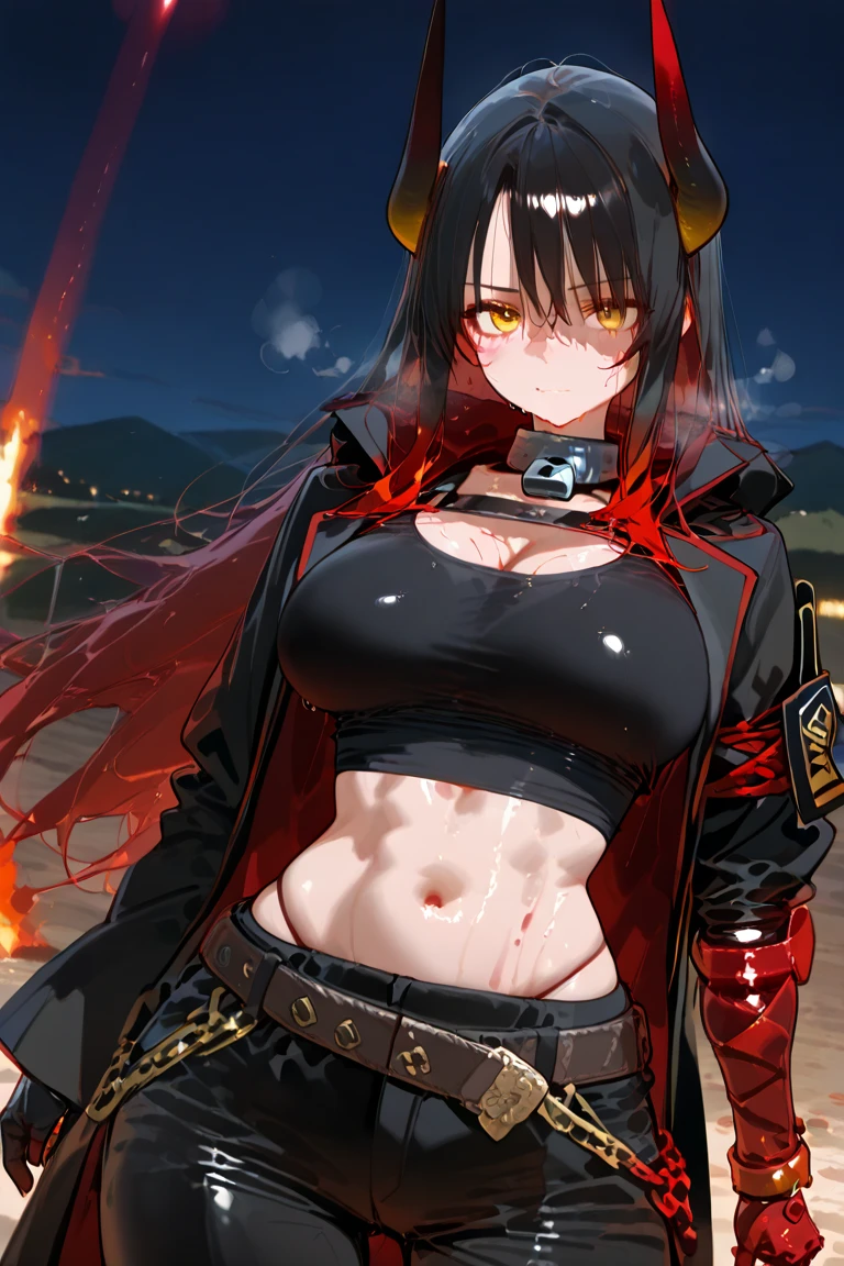 Highest quality、Highest quality、Masterpiece、girl((Metal body,Age 25、as soon as、Highest Bust、Medium Bust、Wide open chest、Red glowing eyes、Black Ear、Red Mesh、Disheveled Hair、Loincloth、thin、The best valley、Open chest、Luminous Wristbands、hair ornaments、Full body view、Black short-sleeved hoodie、Red pants、scar、cell phone、A little muscular、Ruby Necklace、))、high quality、Beautiful Art、background((night、Concert Hall、Black Bird、Black butterfly))、flight、Flying Debris、Depth of text、movie、Visual Arts、Perfect Art、8K、Genuine、