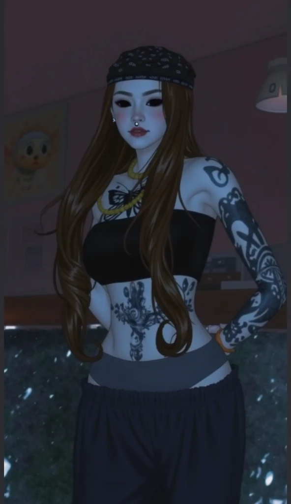there is a woman in a black bra top and pants posing, 1 7 - year - old goth girl, sexy look, 2 4 year old female model, very beautiful goth top model, wearing a punk outfit,big smile gorgeous goddess, wearing a sexy cropped top, cyber punk setting, goth girl, beautiful cyberpunk woman model, the extremely hot and sexy
