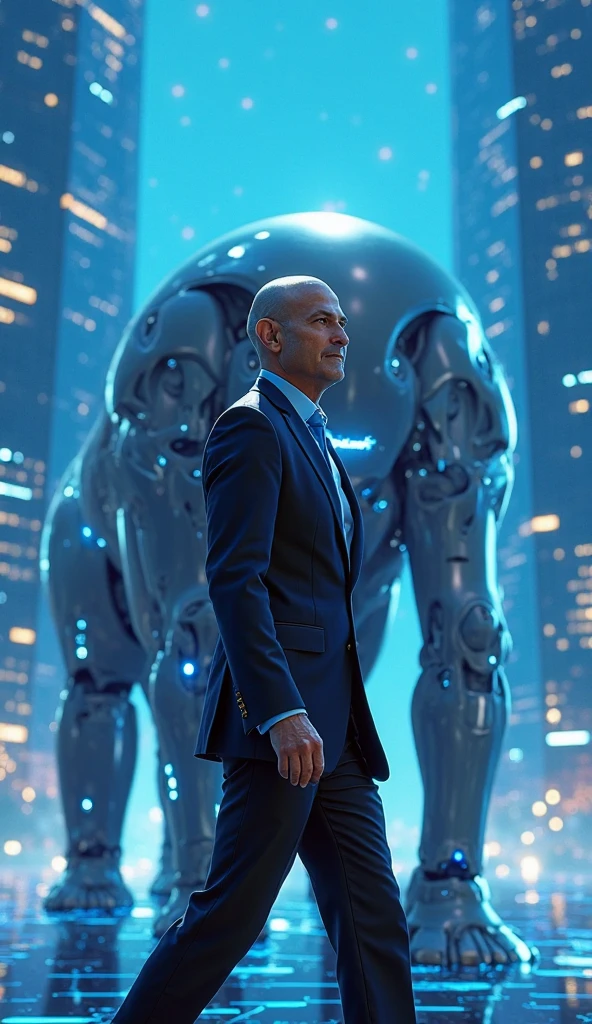 Klaus Schwab walking with robots with weapons in a futuristic cyberpunk city