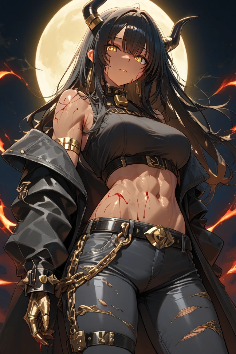 (best quality, masterpiece:1.2), ((perfect face)), mature woman, detailed hair, detailed eyes, detailed lips, ((dark skin)), ((curly hair, medium hair, dark hair, blue eyes, glowing eyes)), small mouth,[abs:0.4], ((cowboy shot)), looking at viewer, glare, disdain, sword weapon, realistic colors, studio lighting, desert, (ripped pants white pants with golden details,, ripped shirt, golden details, woman, wolf-ear, wolf-tail, wolf-woman)
