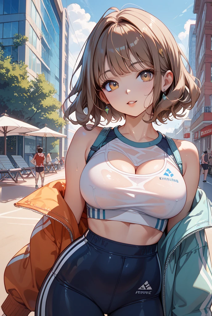 best quality, super fine, 16k, incredibly absurdres, extremely detailed, delicate and dynamic, cute woman, messy hair, smile, happily doing dance exercises, wearing crop tank top and shorts, superlative body proportion, abs, prism effect, mirror effect, background pastel dot colors, sparkling image style