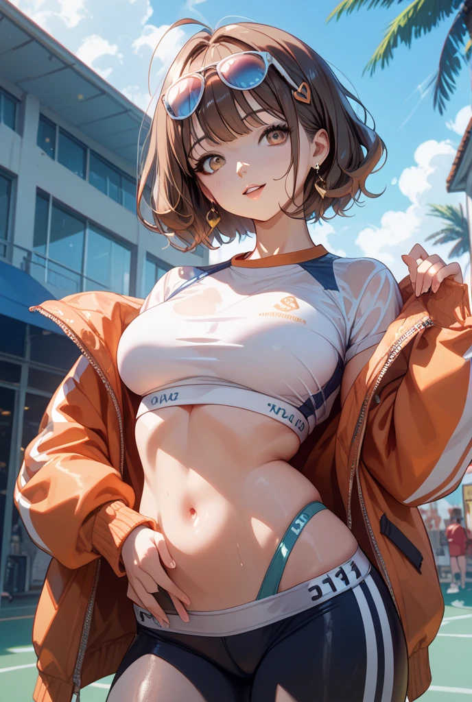 masterpiece, best quality, finely detailed, high resolution, 1girl, short curly brown hair, short pigtails, brown hair, pink eyes, glowing eyes, big eyes, mad face, demon, pink horns, pink and black clothes, frilly clothes, women, thick, huge hips, front view, sexy, angry, mad face, evil face, yellow background, sexy