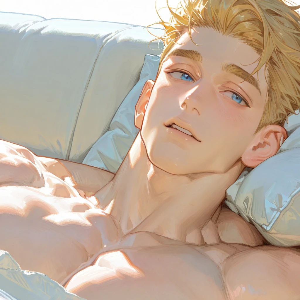 (best quality,4k,8k,highres,masterpiece:1.2),ultra-detailed,(realistic,photorealistic,photo-realistic:1.37),1 man,  perfect face, blonde, muscle, muscular body, hairy body, blue eyes, handsome, detailed facial features, super short hair, penis, lying on bed,gorgeous, chiseled jawline, nude, piercing gazea, little upset face, detailed skin texture, flawless complexion, detailed hair, dramatic lighting, cinematic, dramatic atmosphere, digital art, hyper realistic, oil painting, intricate details, 