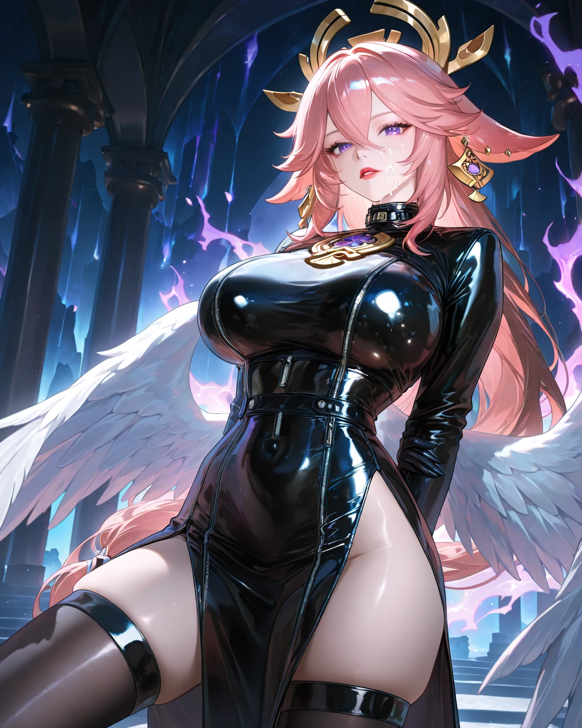 ((highest quality)),(ultra high resolution),(Super detailed),(detailed description),((best CG)),(best work of art),super precision art,amazing drawing art,(Fantasy art with precise details:1.5), (Female angels:1.6),(angry face:1.5),(Big wings of light that envelop her:1.5),powerful flapping of wings,Dancing, shining feathers,sword,gun,mallet, god々anger,Burning Sun,conviction,Demons