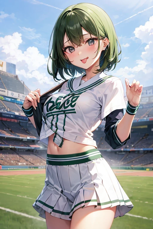 Tennis Wear pink、Sun visor green、Knee-high socks white、Tennis shoes white、Tennis court Outdoor、Big Breasts、Belly button、Firm stomach black tattoos、Beautiful feet、smile、pinkの髪の毛、Butt Looking back、Light blue panties
