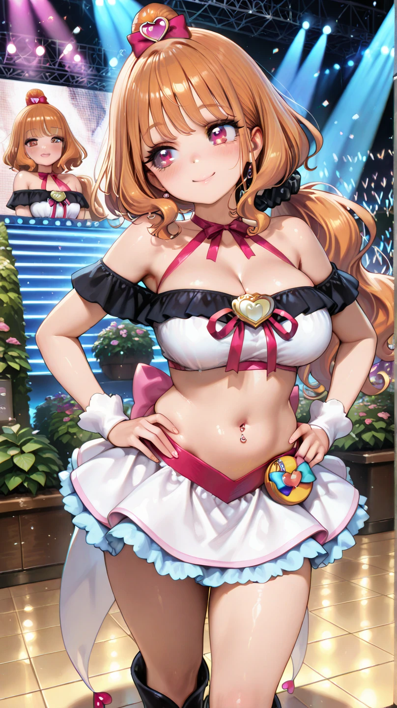 tsumugiswim, solo, 1girl, bikini, pink hair, cleavage, long hair, purple eyes, large breasts, twintails, hair ornament, pink scrunchie, bangs, collarbone, hair flower, flower, frilled bikini, blue bikini, bare shoulders, scrunchie, thighs, frills, wrist scrunchie, jewelry, thigh strap, navel, halterneck, earrings, cloud, wrist cuffs, standing, inside a tavern, bar, looking at viewer,