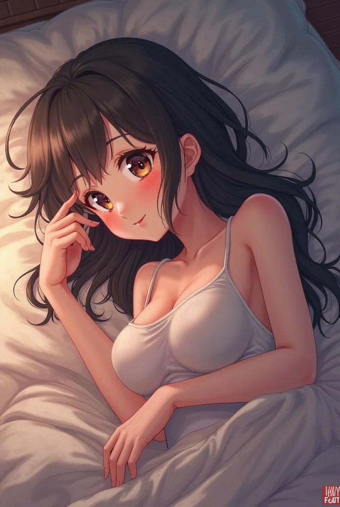 anime girl, laying down on bed, top down shot, anime artstyle, curly hair, realistic, morning lighting, fluffy hair, legs up shot, happy expression, nerissa ravencroft, arms up, seductive look, posing for camera, magazine cover, vogue, album cover, clean, simple, hands not behind head, hands near head, hands loose