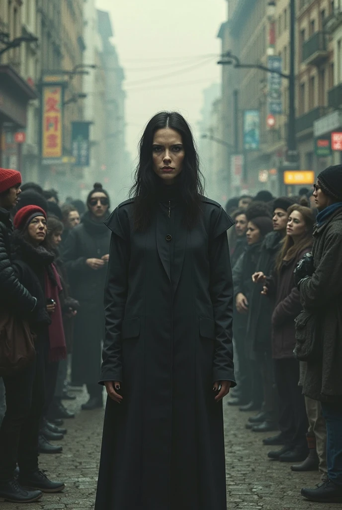 A group of vampires with a human-like appearance, but with completely black eyes that give them a haunting and otherworldly look. Their features are sharp and angular, enhancing their menacing presence. They are dressed in dark, sleek clothing that complements their intimidating demeanor. The overall aesthetic is similar to the 'Reapers' from 'The 100,' with a focus on a sleek, yet ominous appearance. The setting is dark and shadowy, possibly with a hint of futuristic or dystopian elements, to emphasize their sinister nature.