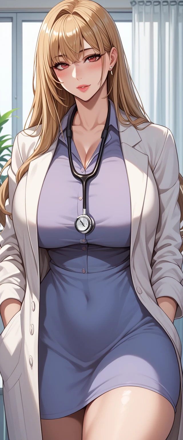 masterpiece, best quality, 1girl, blonde hair, eyeliner, long hair, (Ice blue eyes), swept bangs, pink lips,large breasts, doctor outfit, lab coat, stethoscope, hospital, clipboard, pants, blouse