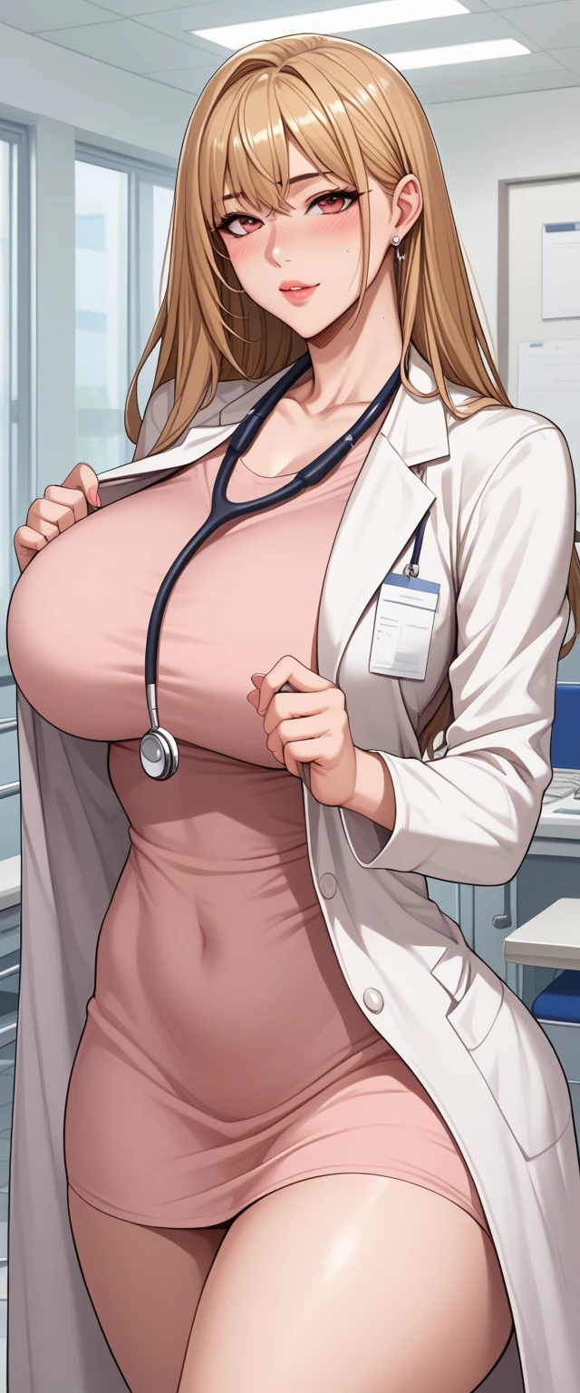 Aubrey Plaza, masterpiece quality, high res, lots of detail, alone, 1girl, solo, in a college laboratory, chemistry equipment in background, wearing white lab coat, wearing black crop top, midriff, wearing blue jeans, wearing choker collar, long hair, lots of cleavage, big breasts, (big breasts:1.2), thin body, smiling, blushing, (blushing:1.4),
