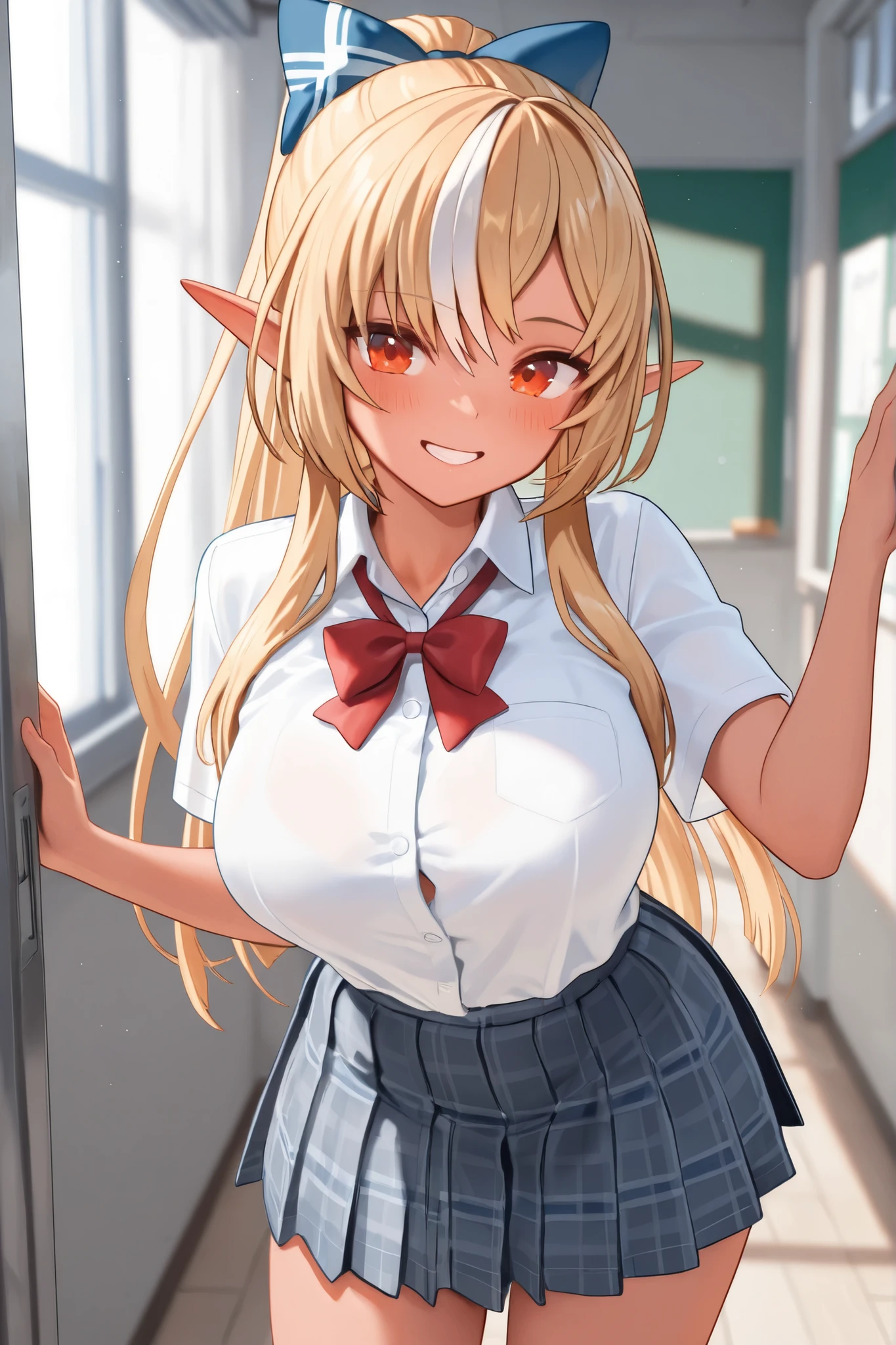 ((1girl ,20s,mature female,teen)),happy face,white shirt,short sleeves,(black standard tie),white school skirt,blonde hair,long hair,(classroom),shoggoth,body horror,upper body